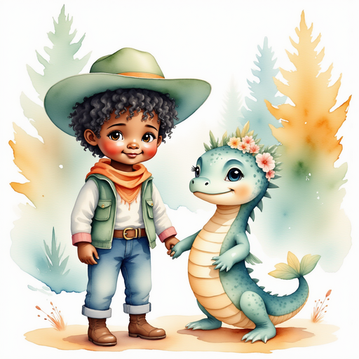 Cactus Cody - who is black - tips his hat while Nessie Sparkles smiles next to him. In the background, tall trees glow in soft light.