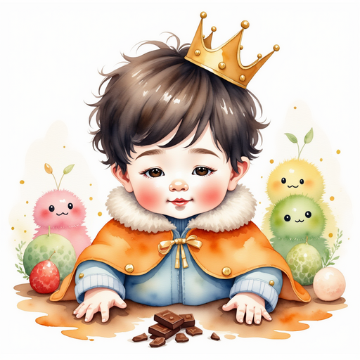 King Doodle Bum bowing his head near a fallen chocolate ribbon. In the background, a few gumdrop people peek from behind sugar bushes