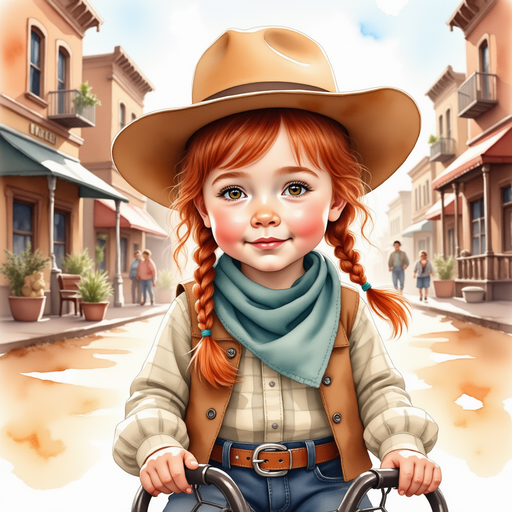 Calamity Kate riding through the dusty main street, passing the general store and noisy saloon. In the background, townspeople bustle about their daily errands.