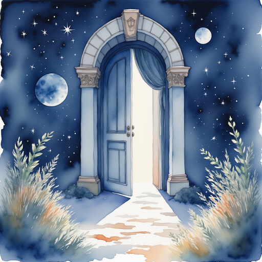 A radiant door etched with moon patterns In the background: Gentle beams of starlight crossing the floor