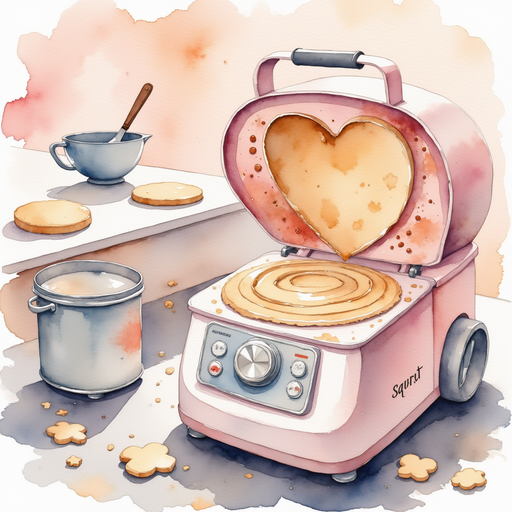The heart-shaped cookie machine with dough splatter all over its controls In the background, a few scattered cookie molds on a long metal table
