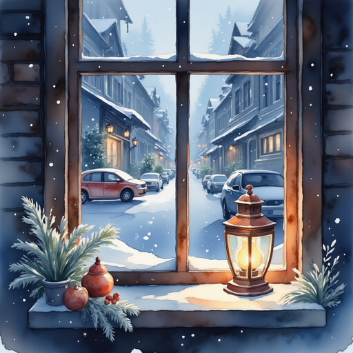 A small lantern glows dimly on a windowsill. In the background, a quiet street with falling snow