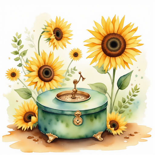 A tiny green music box with shiny gold trim sits beside a towering sunflower. In the background, tall sunflowers sway gently in the breeze.