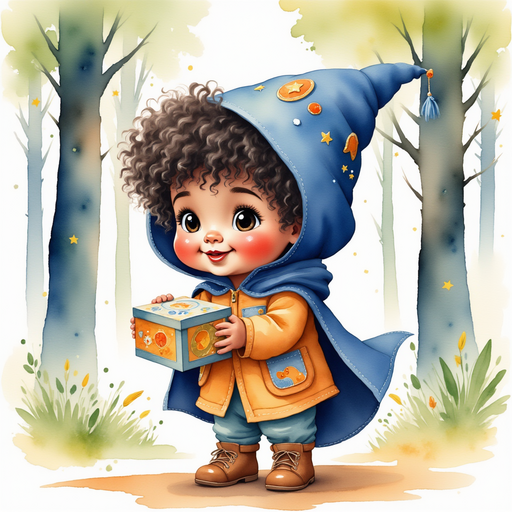 Show Zippy Zapata smiling in his bright blue cape, looking at a small puzzle box. In the background, tall trees with twinkling lights sway gently.