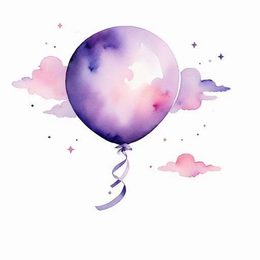 A big purple balloon with a shiny ribbon. In the background, tiny clouds drift.