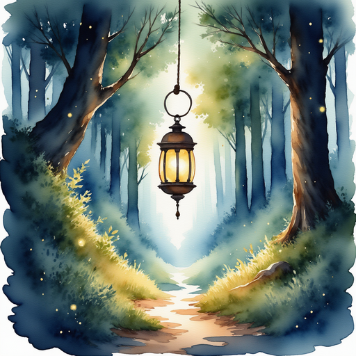 A magical lantern glowing brightly, casting light on a hidden path. Shadowy tree trunks and tangled branches.
