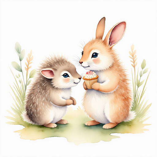 A shy hedgehog at the forest's edge, his eyes sparkling as he holds a crumbly muffin shared by Rini. In the background, the lively gathering of animals sharing laughter and stories.