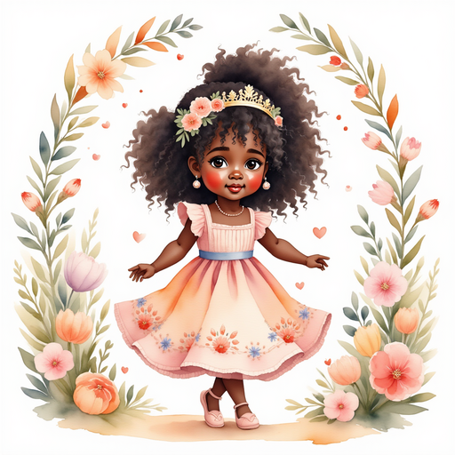 Princess Zoombella - who is black - dancing in the middle of vibrant flowers, her gown swishing around her feet. In the background an arch of bright blossoms and tall, leafy stems