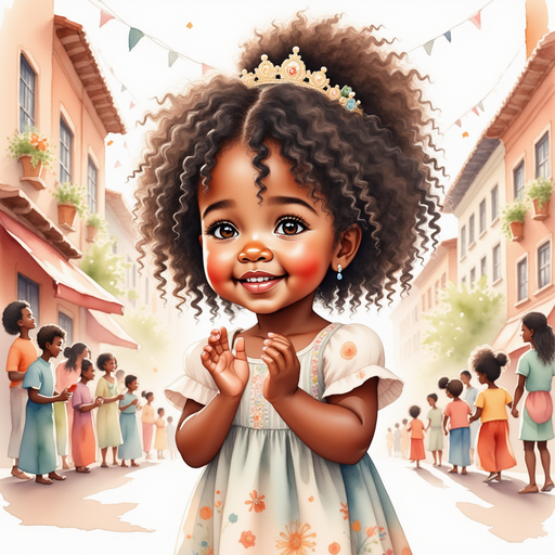 Princess Zoombella - who is black - is clapping happily to samba music In the background, a street filled with cheering crowds