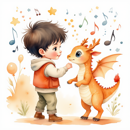 Elliot interacting with the tiny dragon through musical notes and colorful gestures. In the background, the vibrant colors and shapes of the magical realm continue their dance.