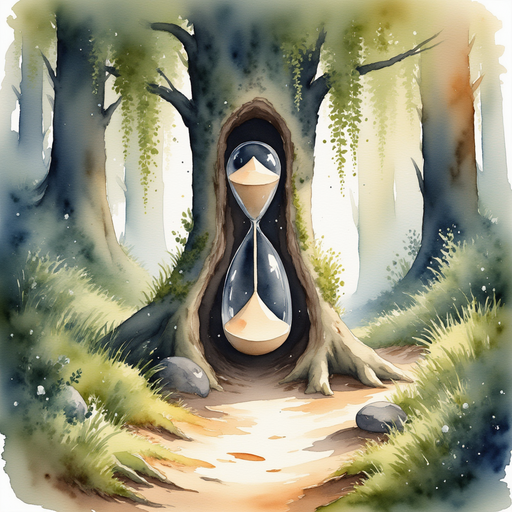 A tall hourglass stands at the center of the hollow trunk, sand barely trickling. In the background, twisted roots loop around mossy stones.