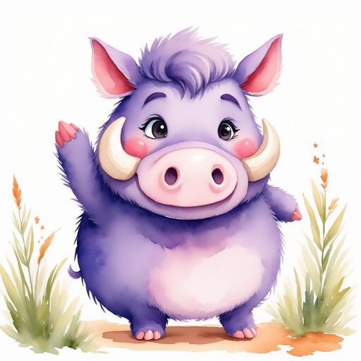 Brutus the purple warthog waves with one hoof, smiling widely. In the background, a path winds through tall grass.