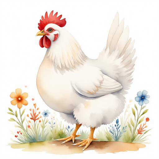 Show Cluckster tilting his head as he clucks a short tune. In the background, bright flowers scattered on the forest floor.