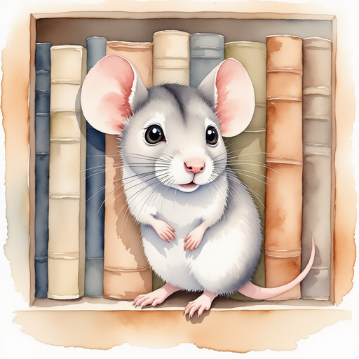 Showcase the mouse peeking over the edge of a bookshelf, its tiny nose twitching with curiosity. Old books lined neatly on a wooden shelf.