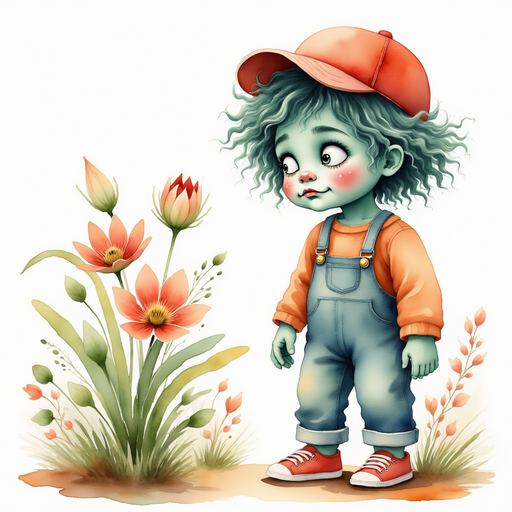 Zigzag Zander leaning forward to listen to a talking plant, whose petals form a gentle smile. In the background, tangled stems and swaying leaves.