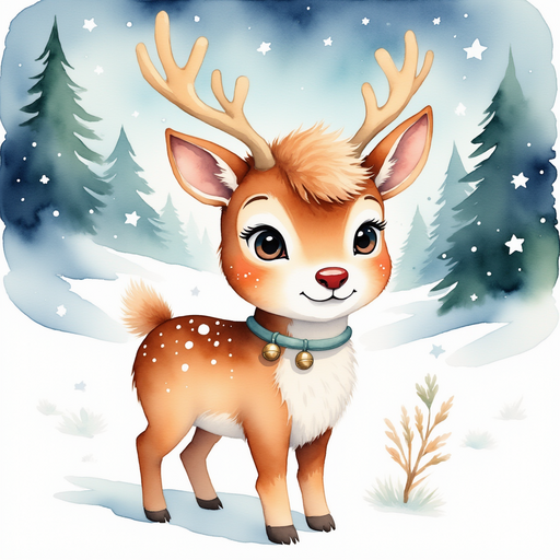 Comet the reindeer, with jingle bells around the neck, shares secretive advice, with a gentle expression and kind eyes. In the background, a path lined with glistening snowflakes leads deeper into the village.