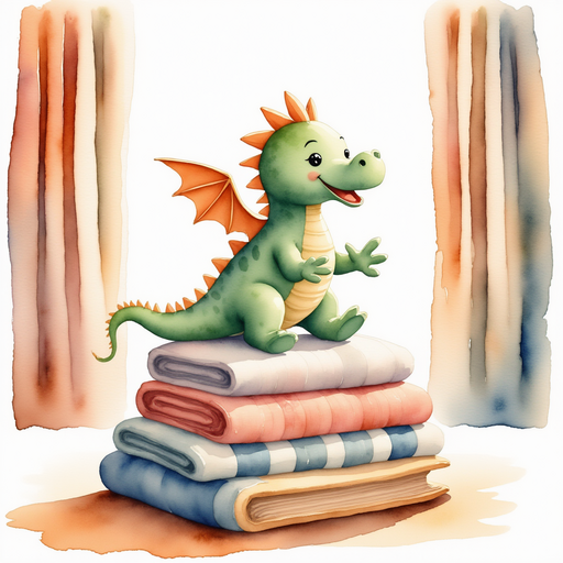 Focus on the wooden dragon toy balanced on top of folded clothes. In the background, tall curtains frame the window.