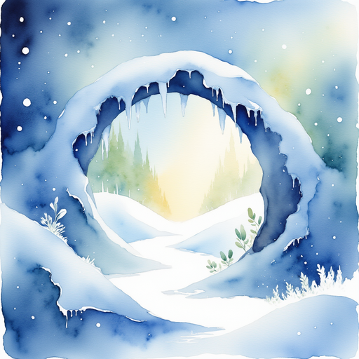 A sparkling ice archway glows under the morning light. In the background, swirling snowflakes