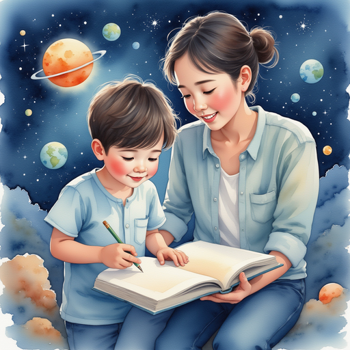 mother and father reading note written by lee while looking at a book about space.