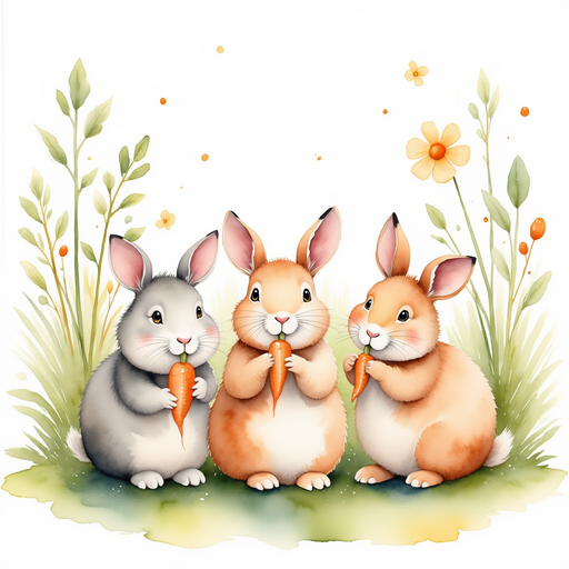 Show a friendly group nibbling carrots, each friend beaming cheerfully. In the background sway big, leafy plants.
