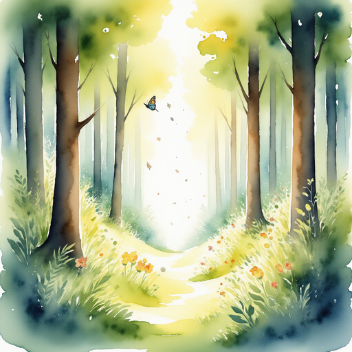 Sunlight streaming between thick tree trunks In the background, a few butterflies flit near the treetops