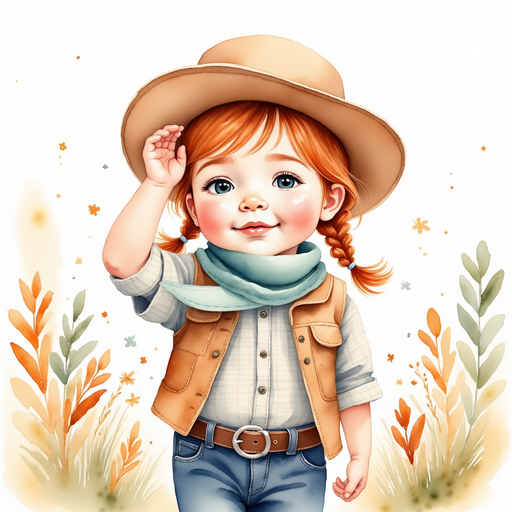 Calamity Kate tipping her hat while looking at tall blossoms In the background, vibrant leaves
