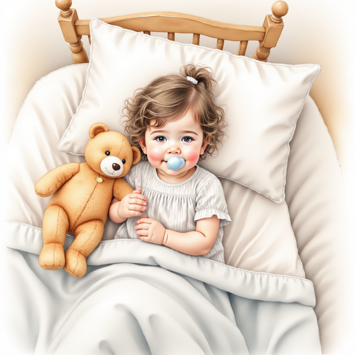 Sofia in bed, hugging her teddy bear and holding her pacifier.