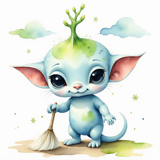 Zibloo diligently polishes a small spot on the rooftop. In the background, drifting clouds