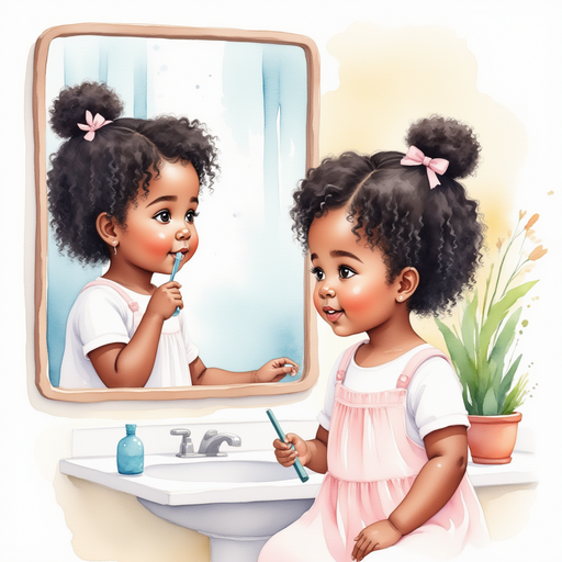 Ava brushing her teeth in front of a mirror.