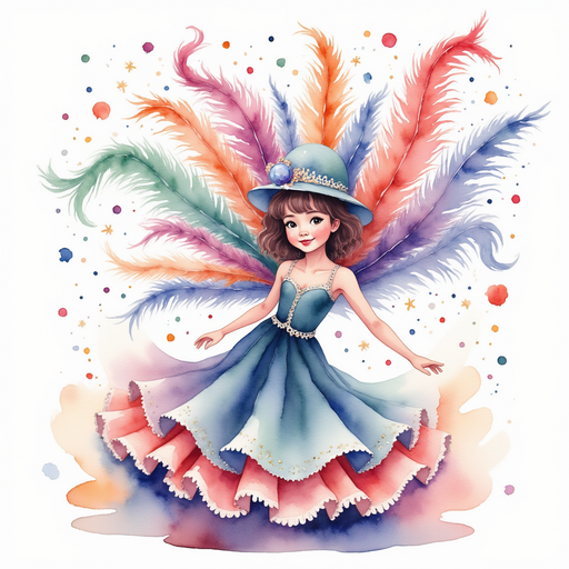 A swirling carnival costume draped with shiny feathers In the background, colorful streamers waving in the breeze