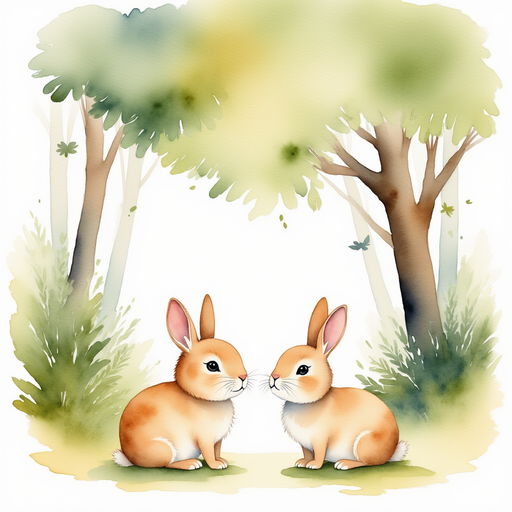 Illustrate Marygold, the little rabbit, intently listening beneath the grand maple tree. In the background, a dense, verdant forest.