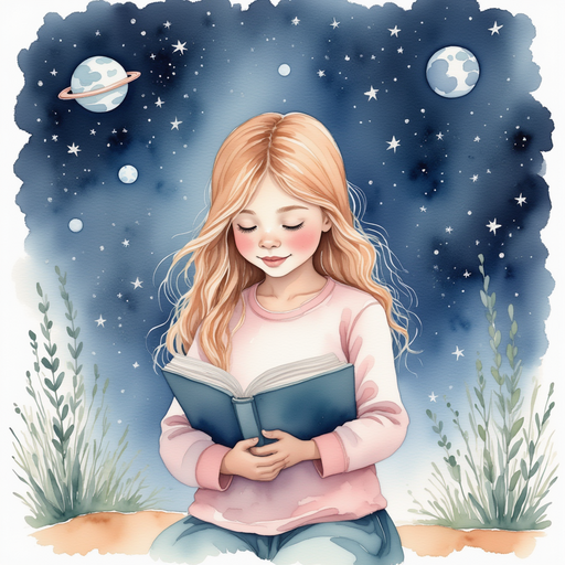 Vivian reading her space book, surrounded by pictures of stars and galaxies.