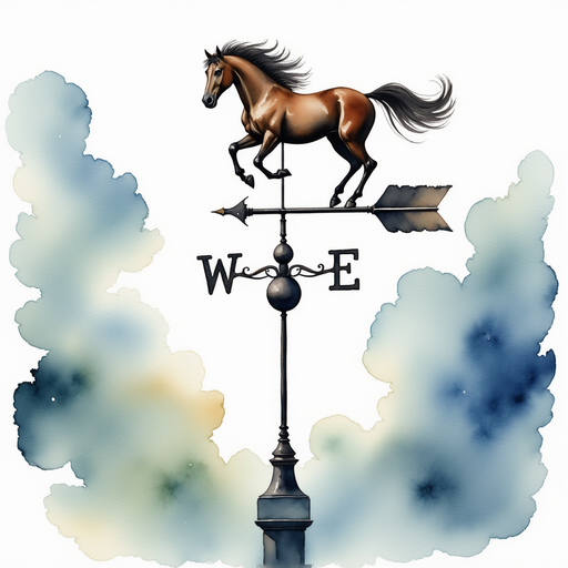 A tall, metal weather vane with a detailed horse silhouette, spinning in the wind. In the background thick storm clouds