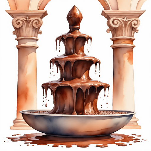 A tall chocolate fountain flows with smooth, dark chocolate. In the background, fancy palace pillars with swirling designs