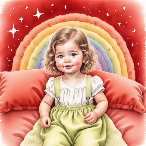 Sofia lying in bed under the rainbow, then standing in a red world.