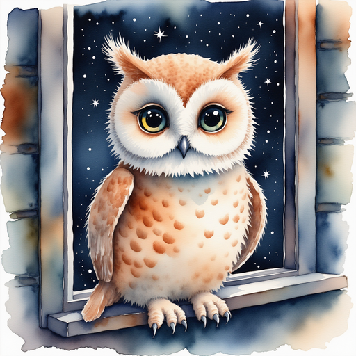 The wise old owl perched by the window, its eyes glimmering with ancient knowledge. In the background, the edges of the window frame and the night sky dotted with stars.