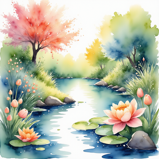 A shimmering pond with sparkling waters reflecting the sun's rays. In the background, blossoming trees with colorful flowers.