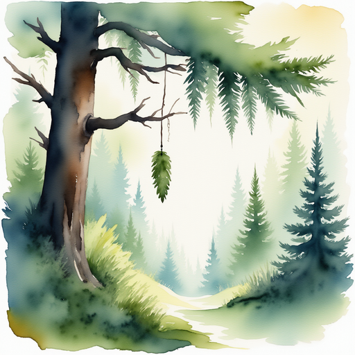 A broken branch hangs from a towering pine tree. In the background, swirling winds rattle the forest.