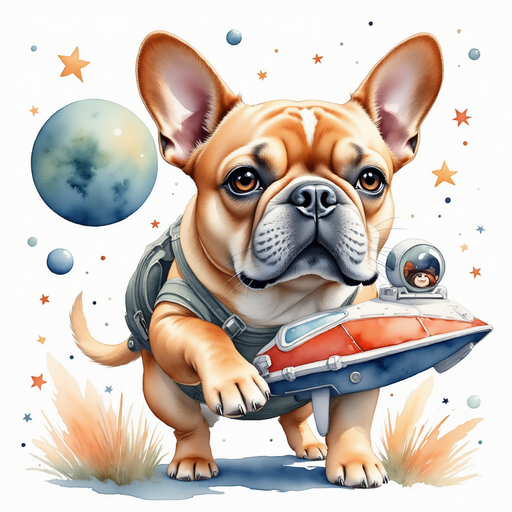 A caramel french bulldog building a spaceship.