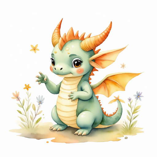 Ember Flare points a bright claw at a blank piece of parchment. In the background, small wildflowers bloom in pastel colors.