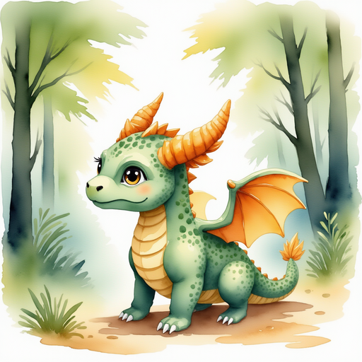 Ember Flare stands at the edge of the forest, scanning the towering trees with wide eyes. In the background, tall trees sway gently.