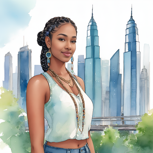 Ahgaddes tribal braid pinned up with beads jewlery and nose ring wearing sleeveless flowly shirt and denim jeans standing in the thriving cityscape of Stellaris. Skyscrapers in nearby distance