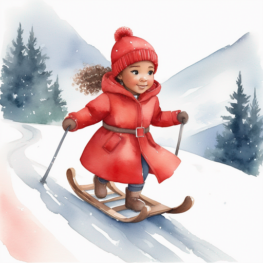 Aset long curly ponytails with barrettes wearing a red winter coat and red snow hat sledding down a mountain.