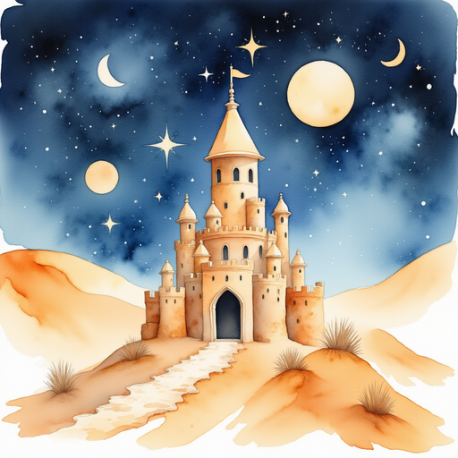 A tall sand castle with carved stars and moons on its walls. In the background, gentle dunes slope under starlight.