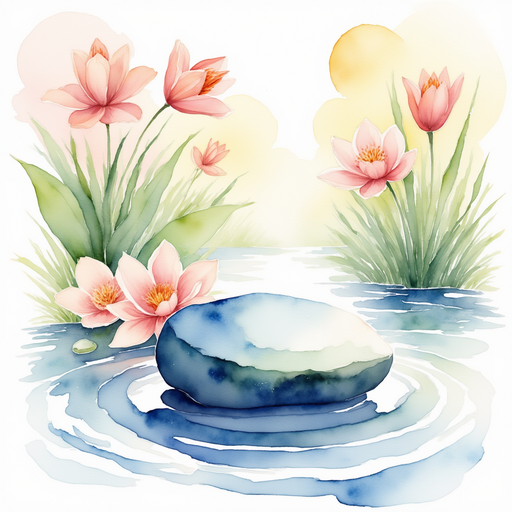 A glimmering pebble by the bubbling water. In the background, bright flowers.