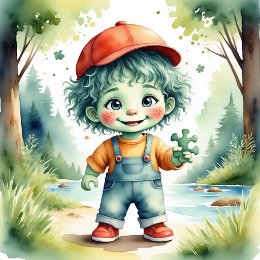 Show Zigzag Zander wearing a cheerful grin, holding a puzzle piece near a twisting tree. In the background, tall trees twist around sparkling streams.