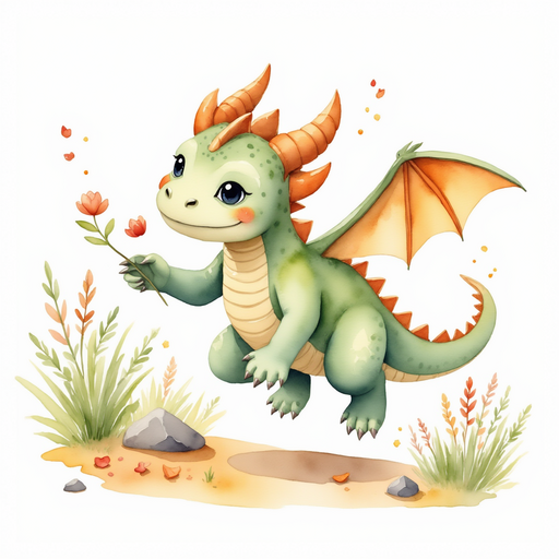 Ember Flare hovers low, ready to scoop petals with a careful claw. In the background, smooth stones sit near glowing shrubs.