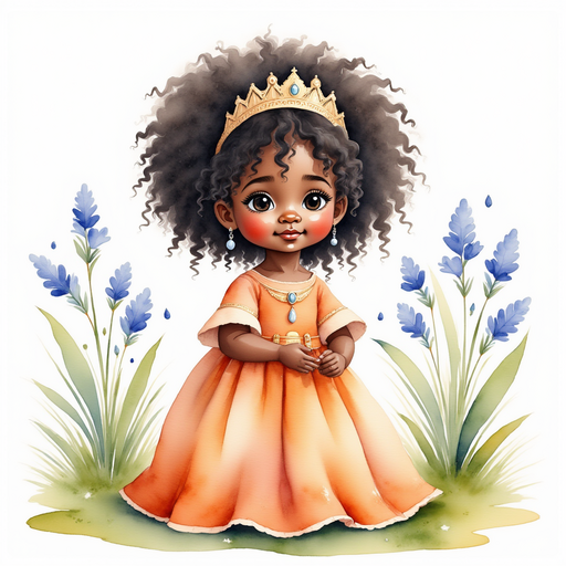 Queen Neena kneels beside a row of pebble-like bells. In the background, gently swaying bluebell flowers.
