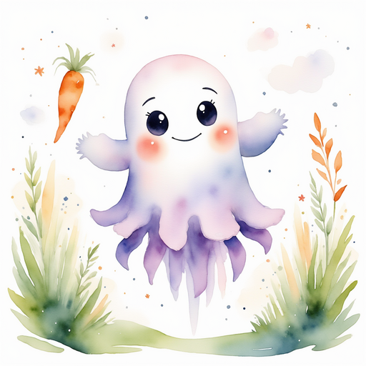Glimmer Puff reaches out to tap an orange carrot, looking curious. In the background, a gentle stream winds around the garden