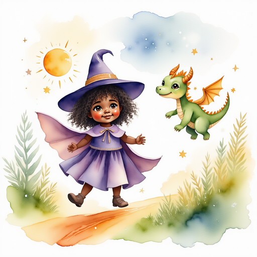 Willow Charms - who is black - strides across a shimmering rainbow, cloak fluttering in the wind, with Ember Flare following. In the background, a bright sun shines over floating islands.